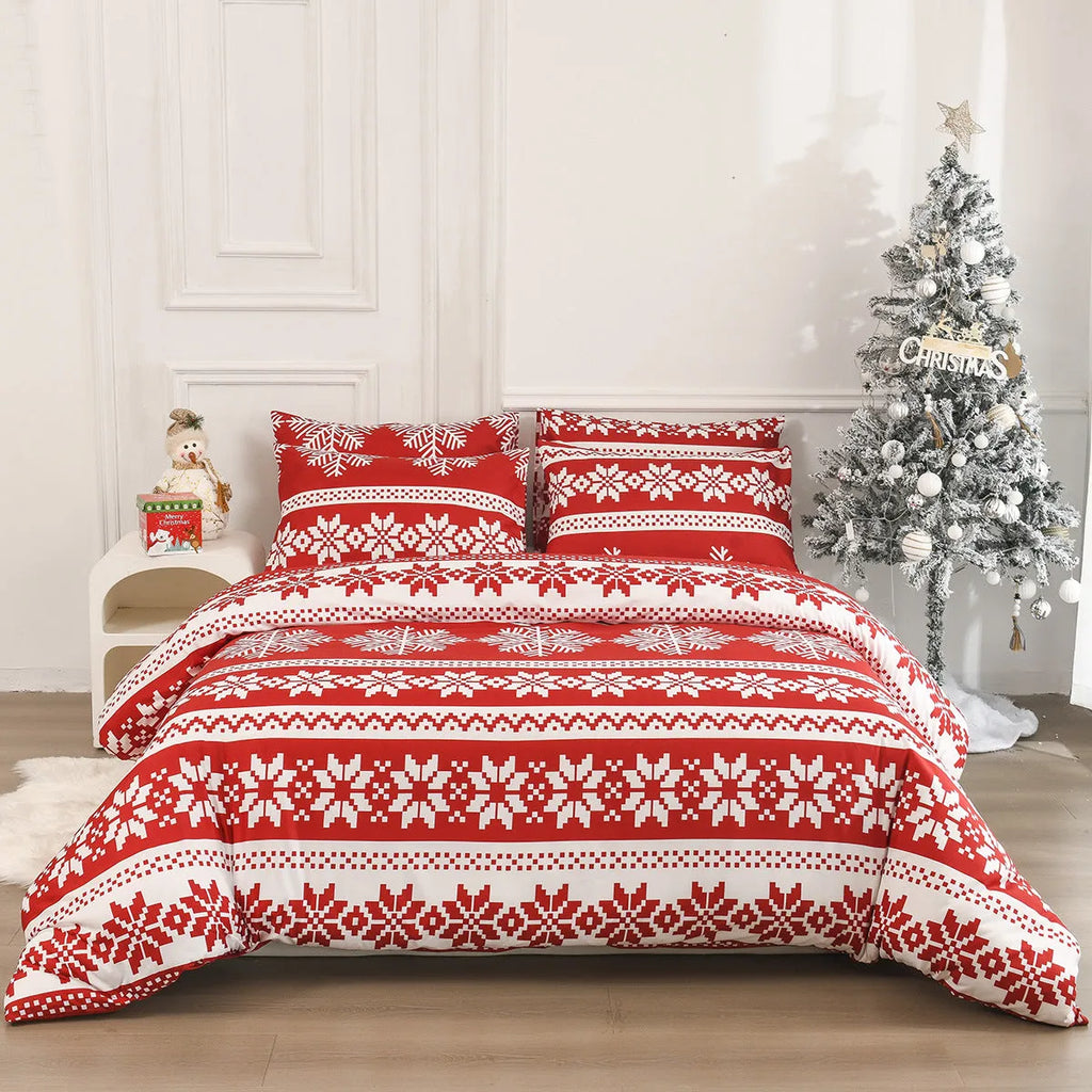 Winter Sleepers red Christmas Love Song pattern bed linen three-piece set on bed