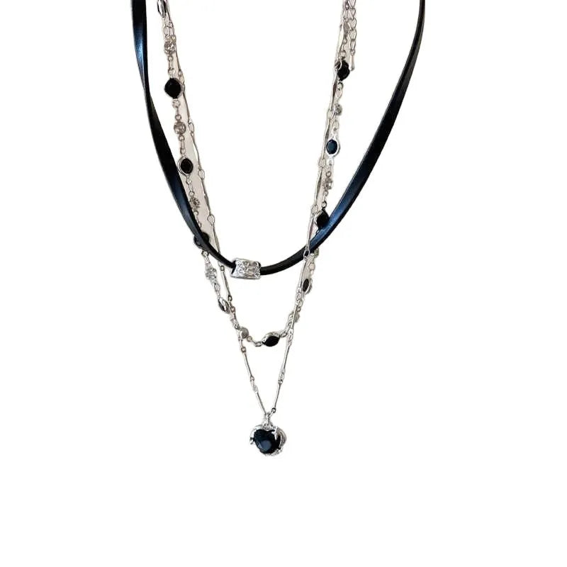 Women's multi-layer necklace set with leather heart designs and adjustable clavicle chain