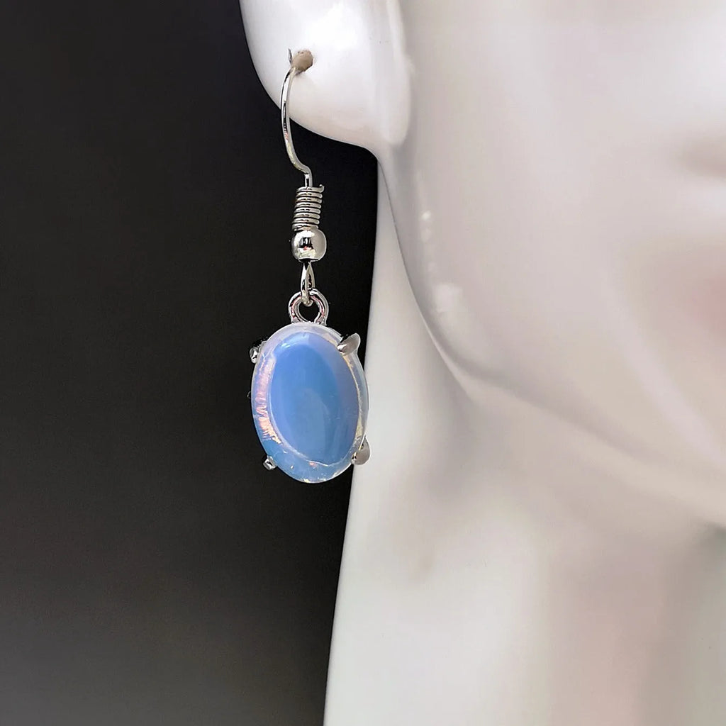 Moonlight white opal drop earrings with ellipse shape and alloy electroplated finish