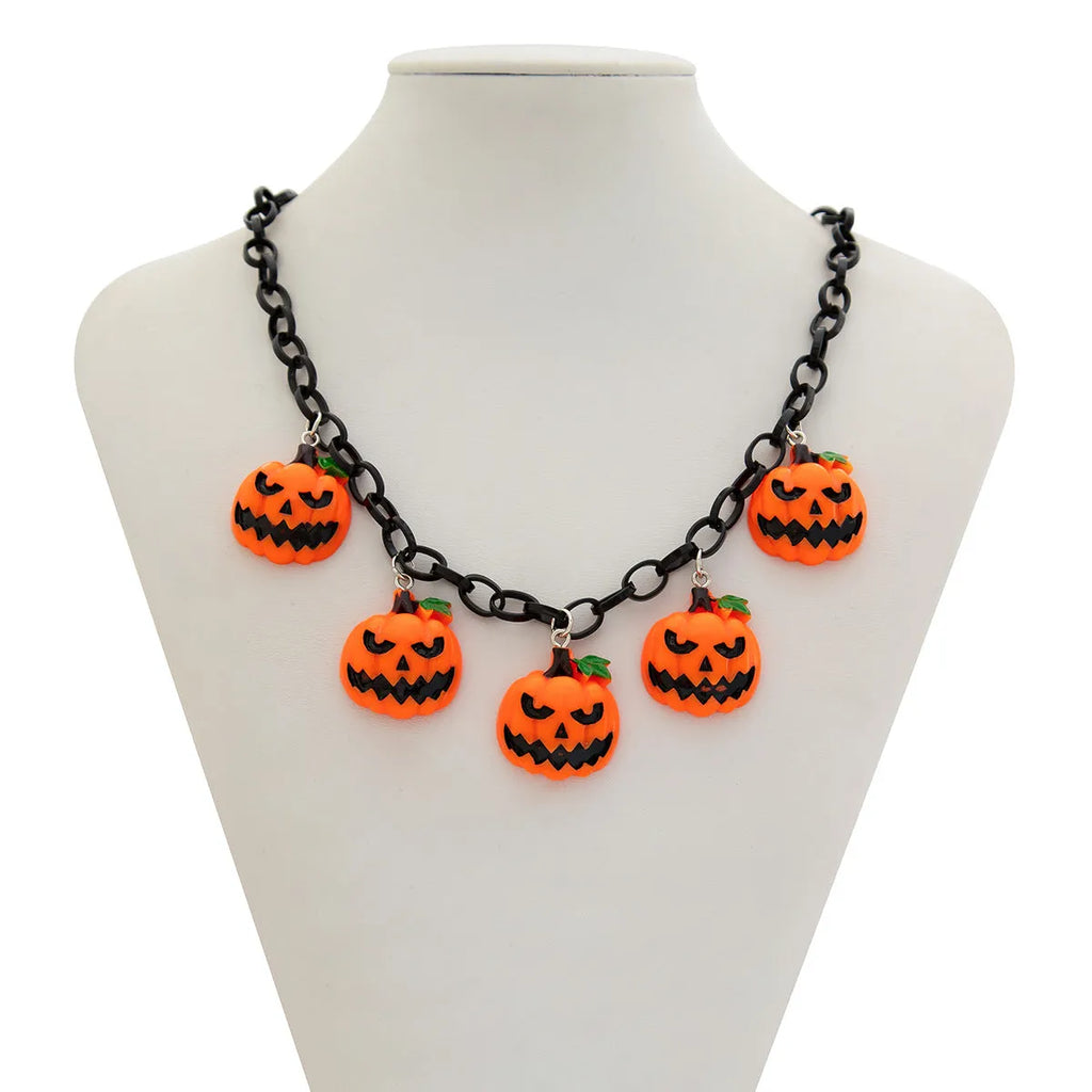 Mixed colour cartoon ghost and pumpkin acrylic pendant on a chain for Halloween.