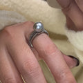 Adjustable open index finger ring with geometric design in matte black pearl finish