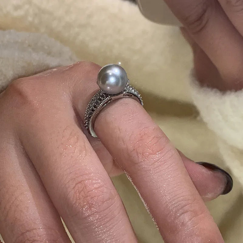 Adjustable open index finger ring with geometric design in matte black pearl finish