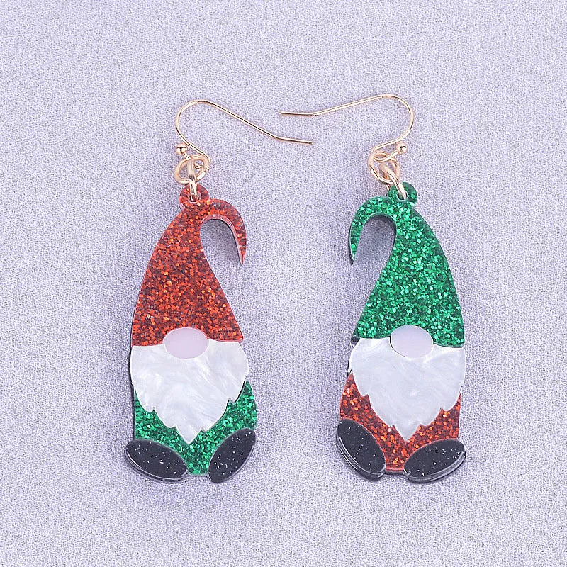 Santa Claus cartoon character acrylic earrings in red and green festive colours