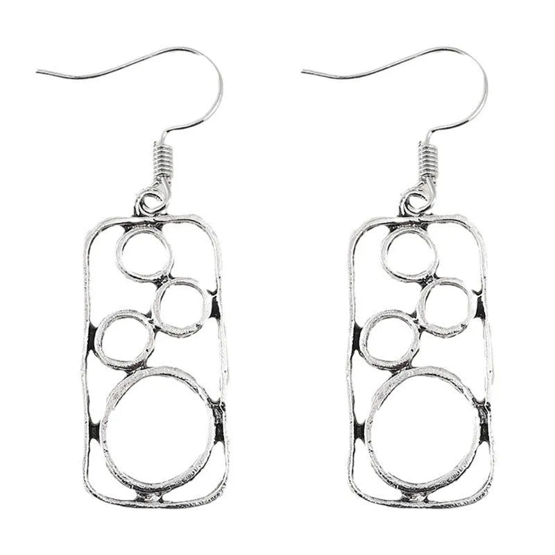 Geometric earrings with round ring and irregular square design in antique silver colour