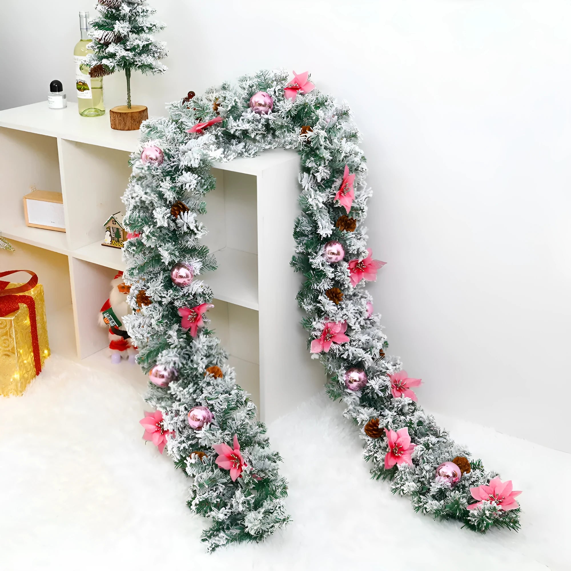 Christmas rattan garland with flocking decoration in multiple colour options