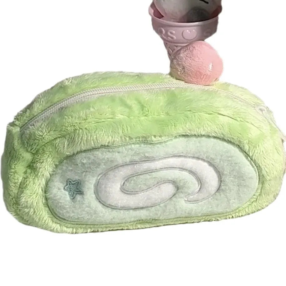 Honeydew Roll velvet pencil case with Swiss Roll Cake design and zipper closure