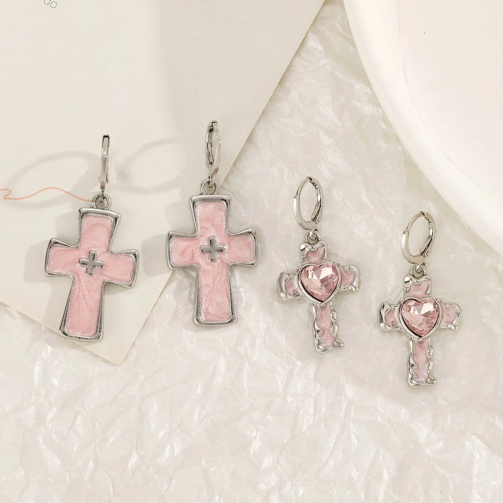 Women's alloy cross crystal earrings in white, black, and silver with geometric and character designs