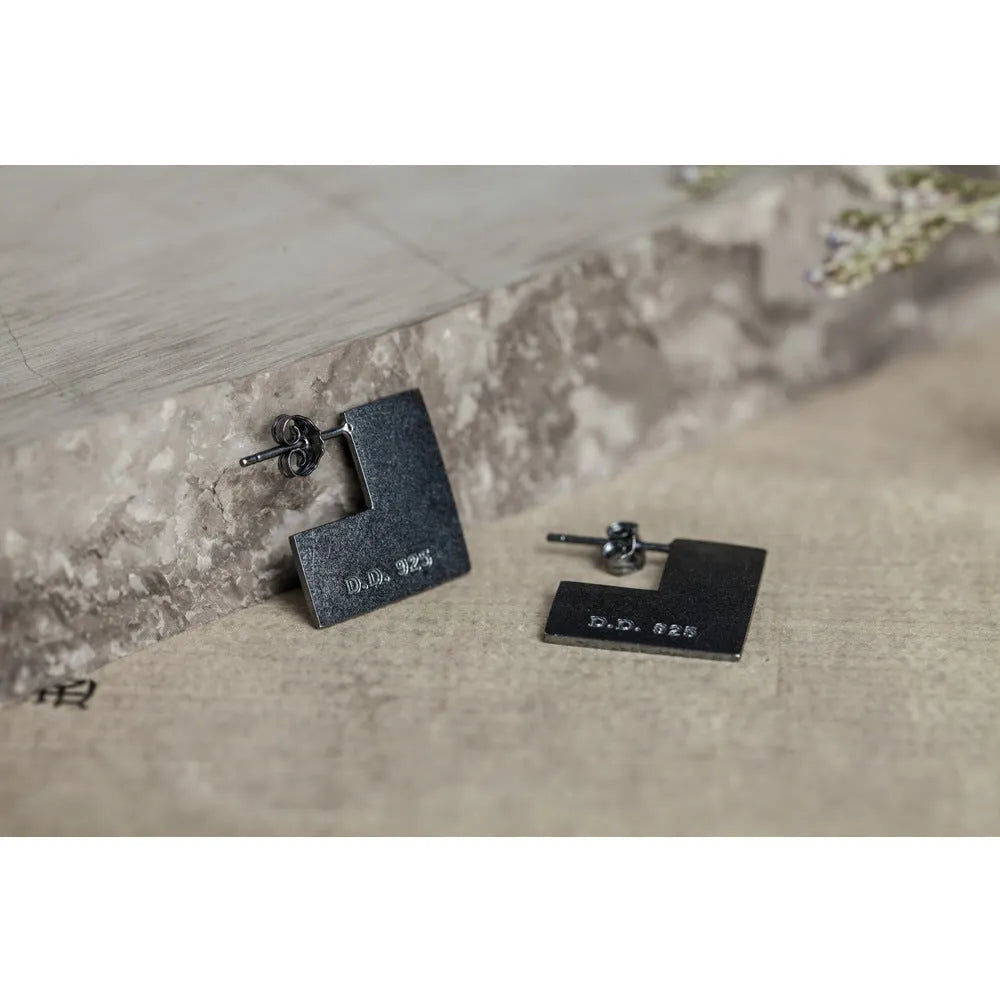 Sterling silver oxidised black geometric square earrings with ring attachment