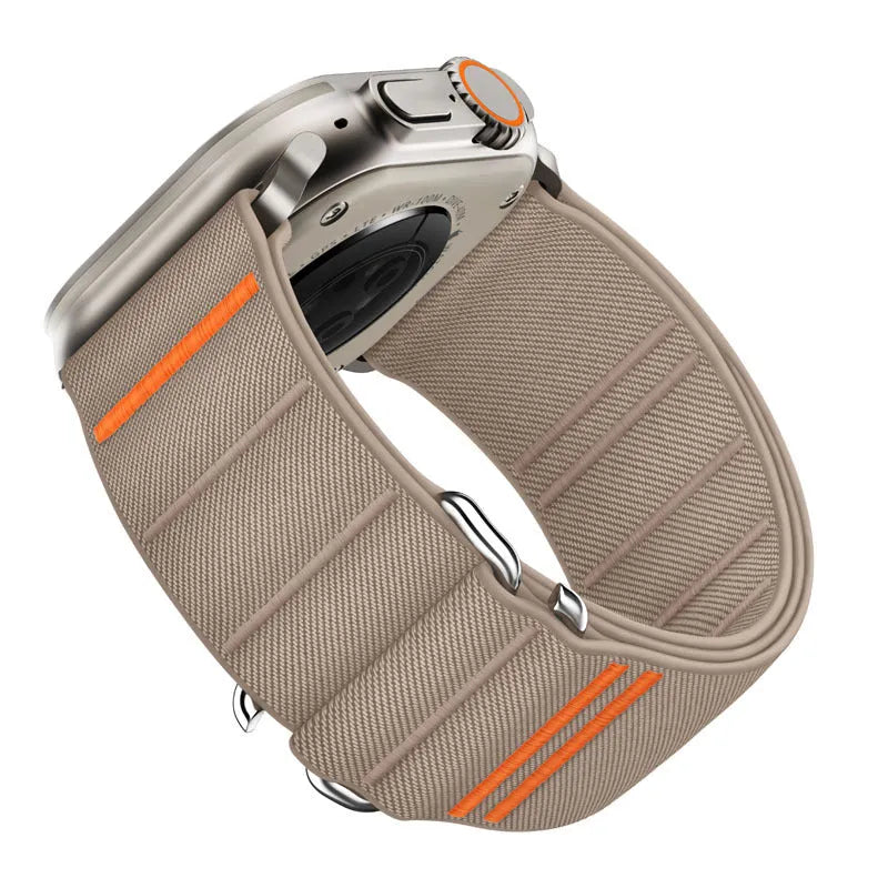 Elastic nylon Apple Watch band with stainless steel buckle in multiple colour options.