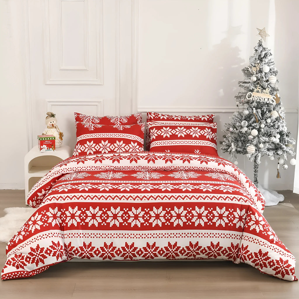 Winter Sleepers red Christmas Love Song pattern bed linen three-piece set on bed