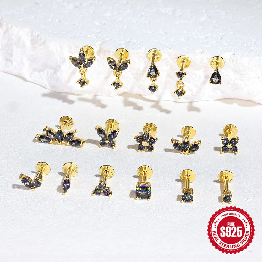 S925 sterling silver geometric earring with rainbow stone and flat head thread piercing in a gold colour.