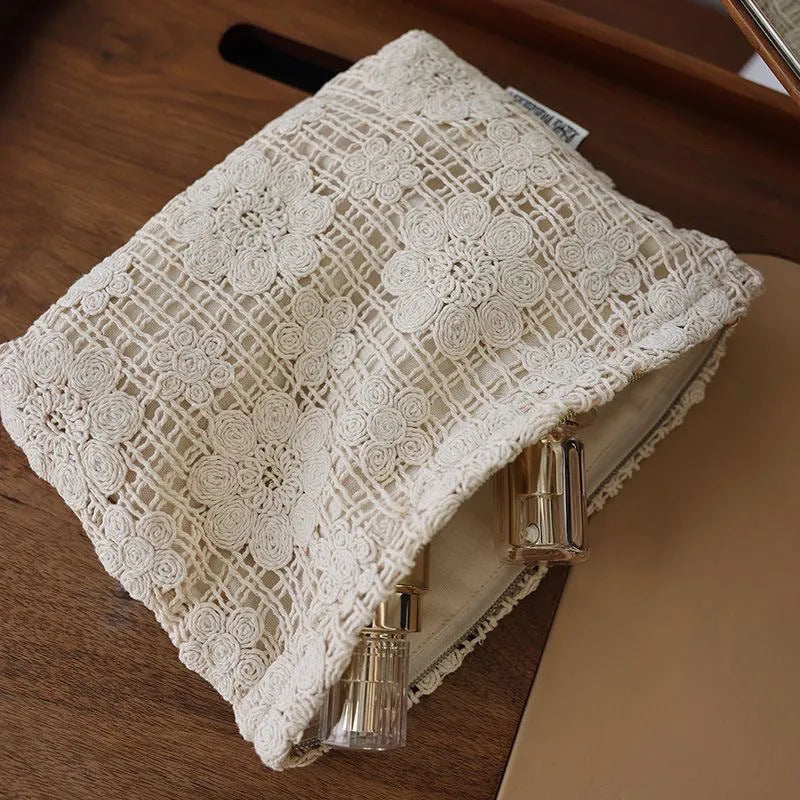 Handmade corduroy cosmetic bag with crocheted hollow flower rope weave and ethnic embroidery in solid color