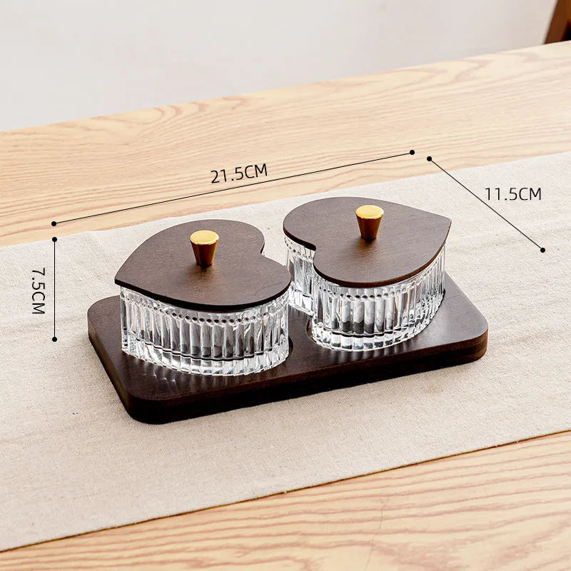 Glass snack serving tray with transparent heart-shaped lid in retro style, shown in 2-grid, 3-grid, 4-grid, and 5-grid options.