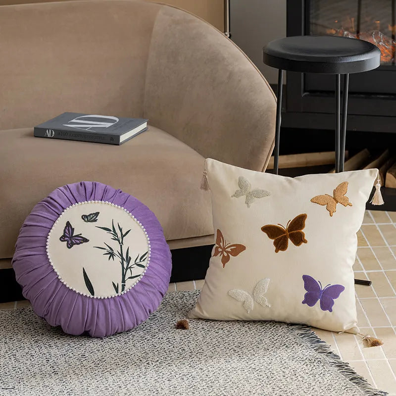 Square embroidered butterfly cushion with Chinese pattern in beige black purple colours