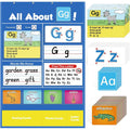 Children's alphabet learning sleeve chart with letter cards, word cards, and picture cards on a large 60x40 cm table mat.