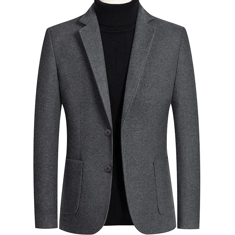 Men's short woolen suit jacket in grey showing slim fit non-iron design for autumn