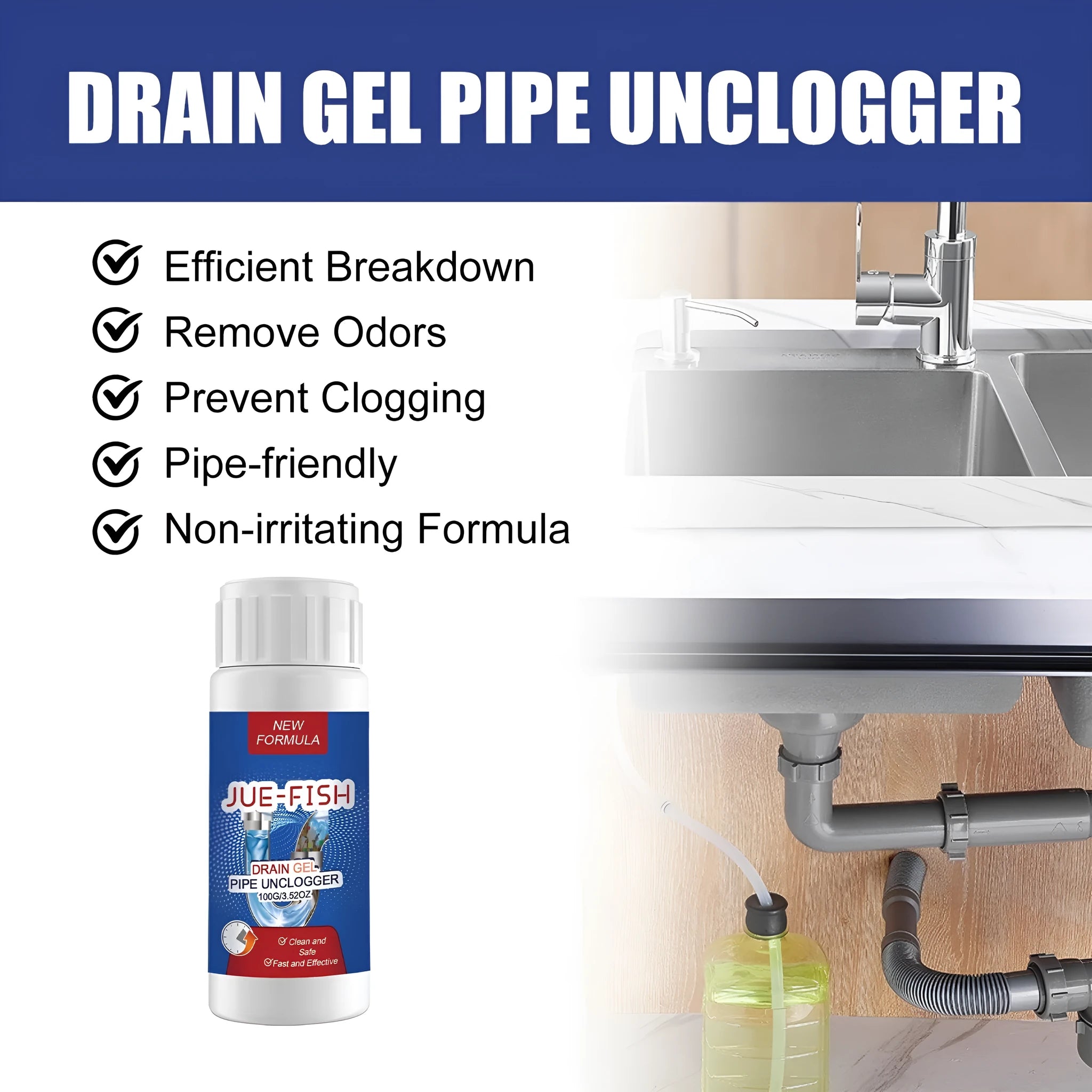 100g pipe dredge agent bottle for sewer and toilet cleaning, dimensions 11x4.3x4.3cm