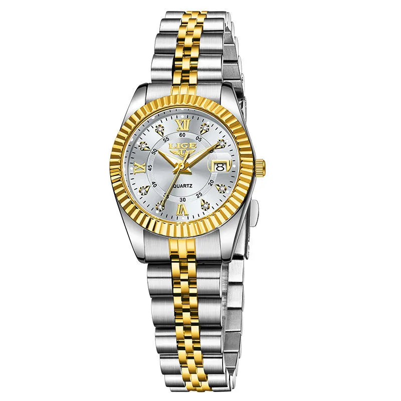 Women's waterproof quartz watch in a two-tone colour option showing 10mm thickness.