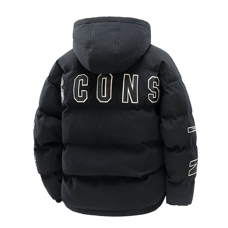 Men's black hooded cotton-padded coat with letter-print detail and side pockets