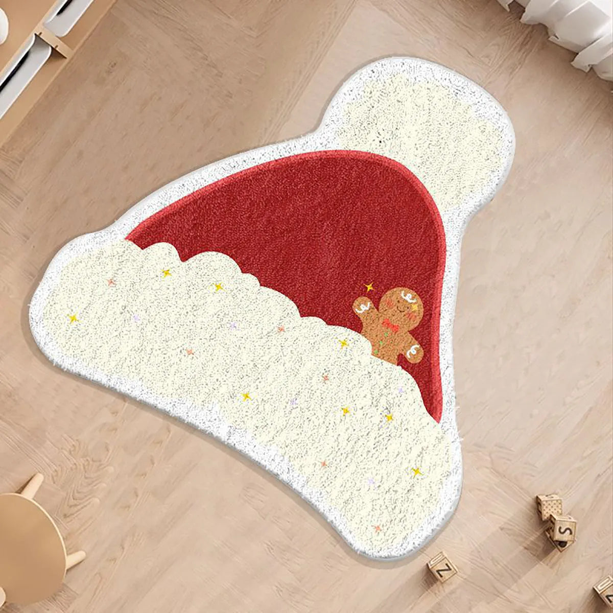 Round green and red Christmas-themed imitation cashmere floor mat with festive patterns.