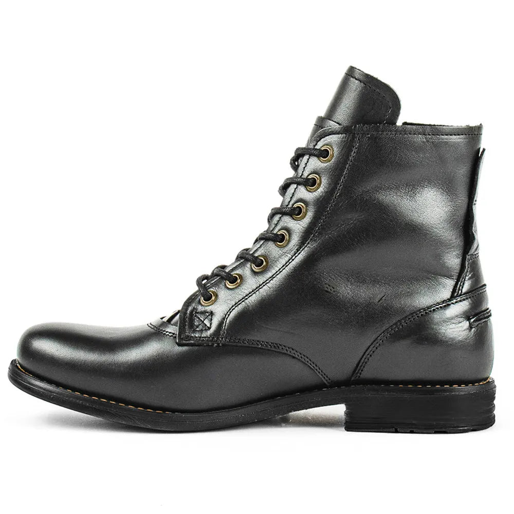 Black Knight Series leather boot with side zip and low heel on a grey background.