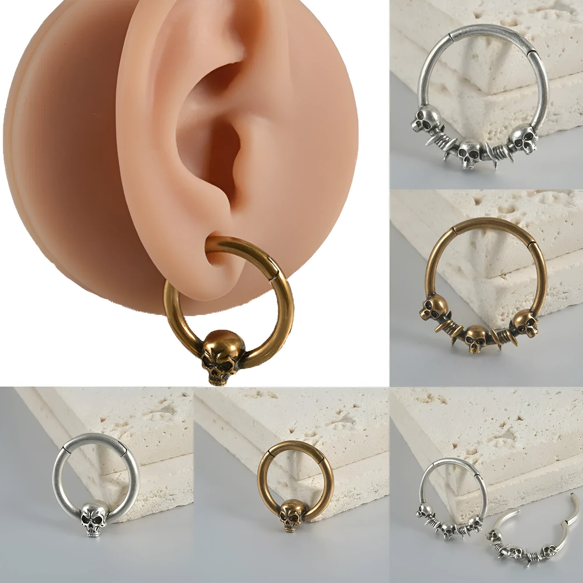 Copper puncture earrings in ancient silver and gold featuring single and three ghost head punk designs.