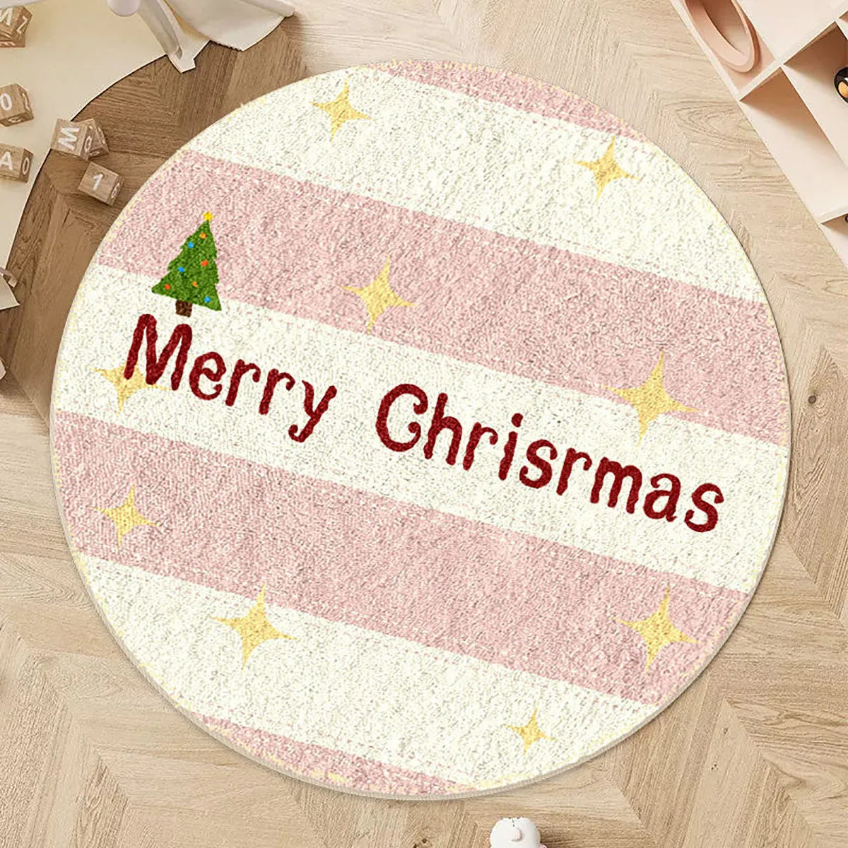 Round green and red Christmas-themed imitation cashmere floor mat with festive patterns.