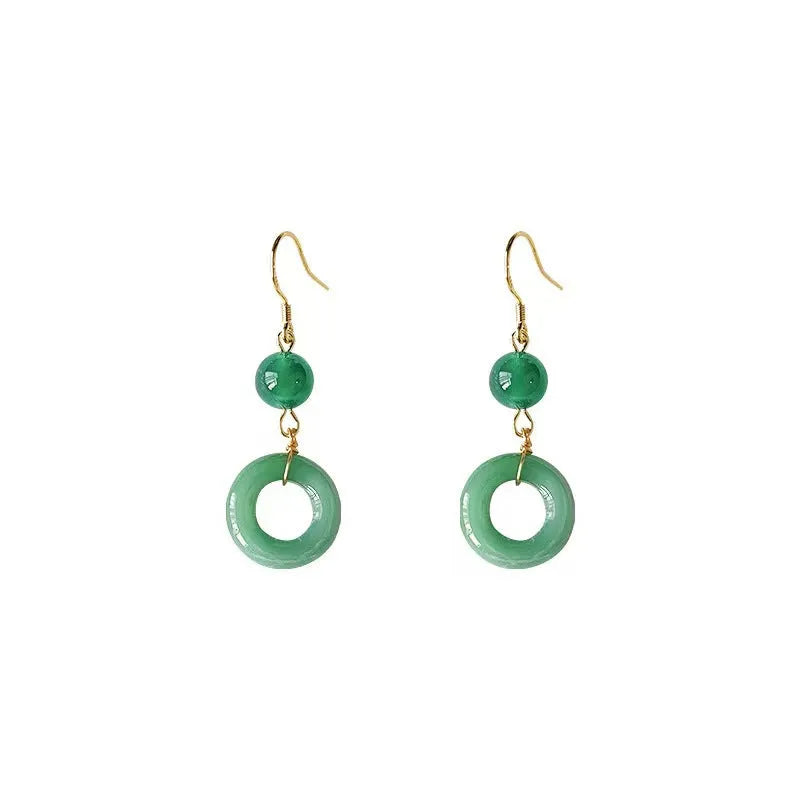 Green Chinese style peace buckle shaped earrings with geometric design and gold plating
