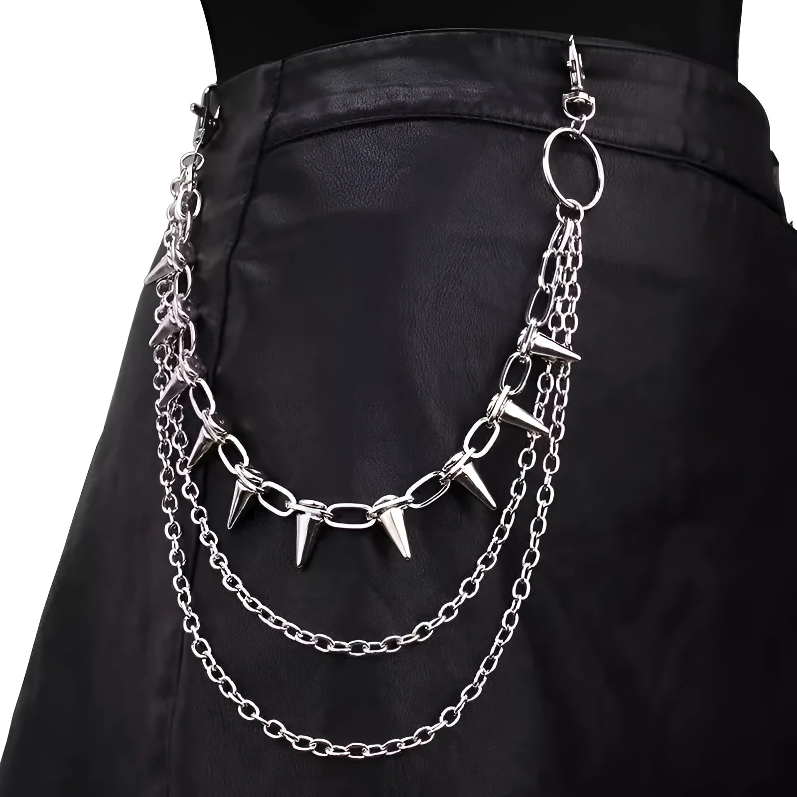 Silver metal punk chain with double layers, rivets, and a zipper decoration, shown at 115cm length.