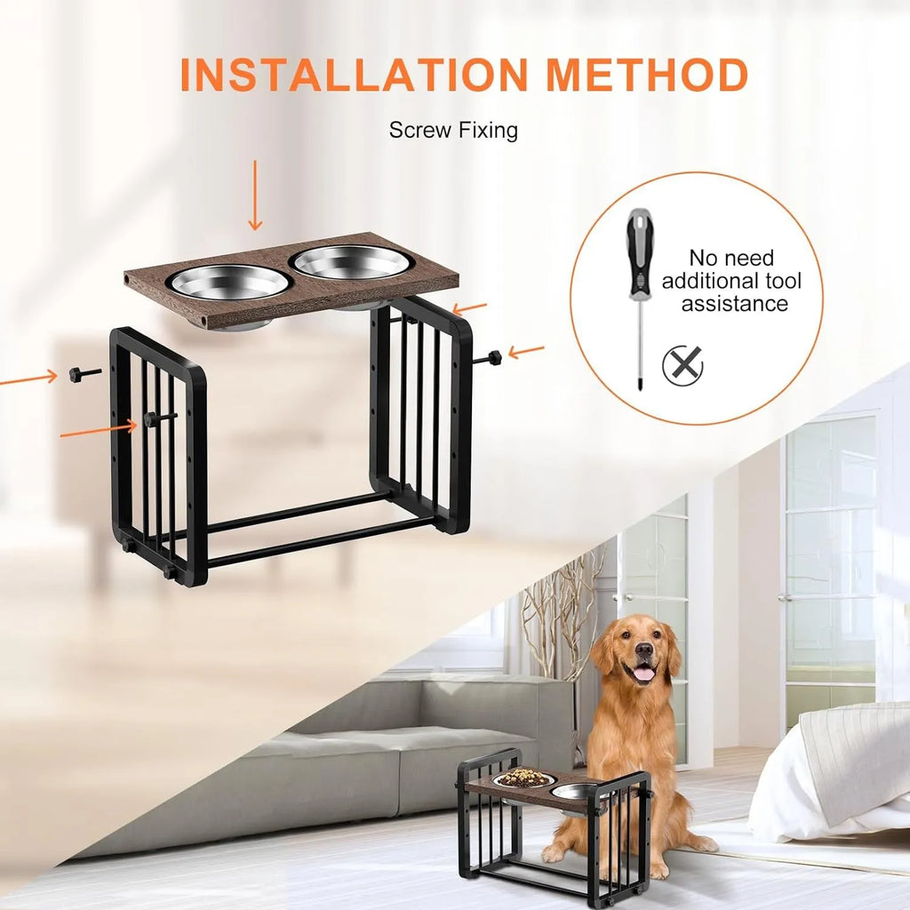 Black wooden dog bowl stand bracket on a floor holding a bowl