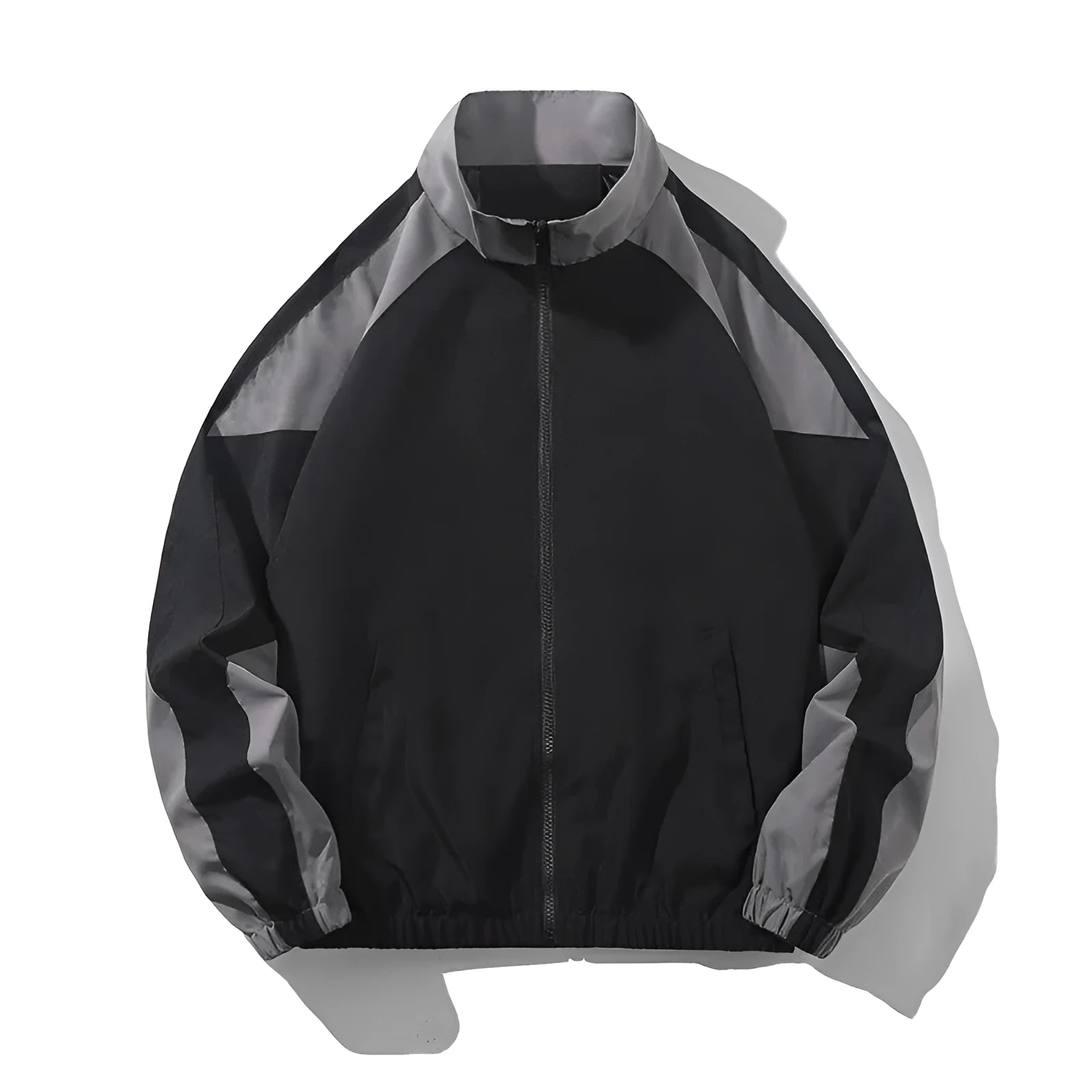 Men's black and dark blue colour block casual jacket with contrast stitching and side pockets.