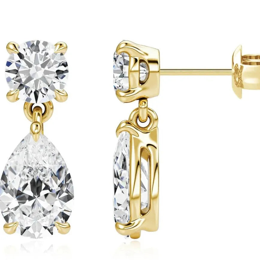 925 sterling silver geometric stud earrings with round and water drop moissanite stones