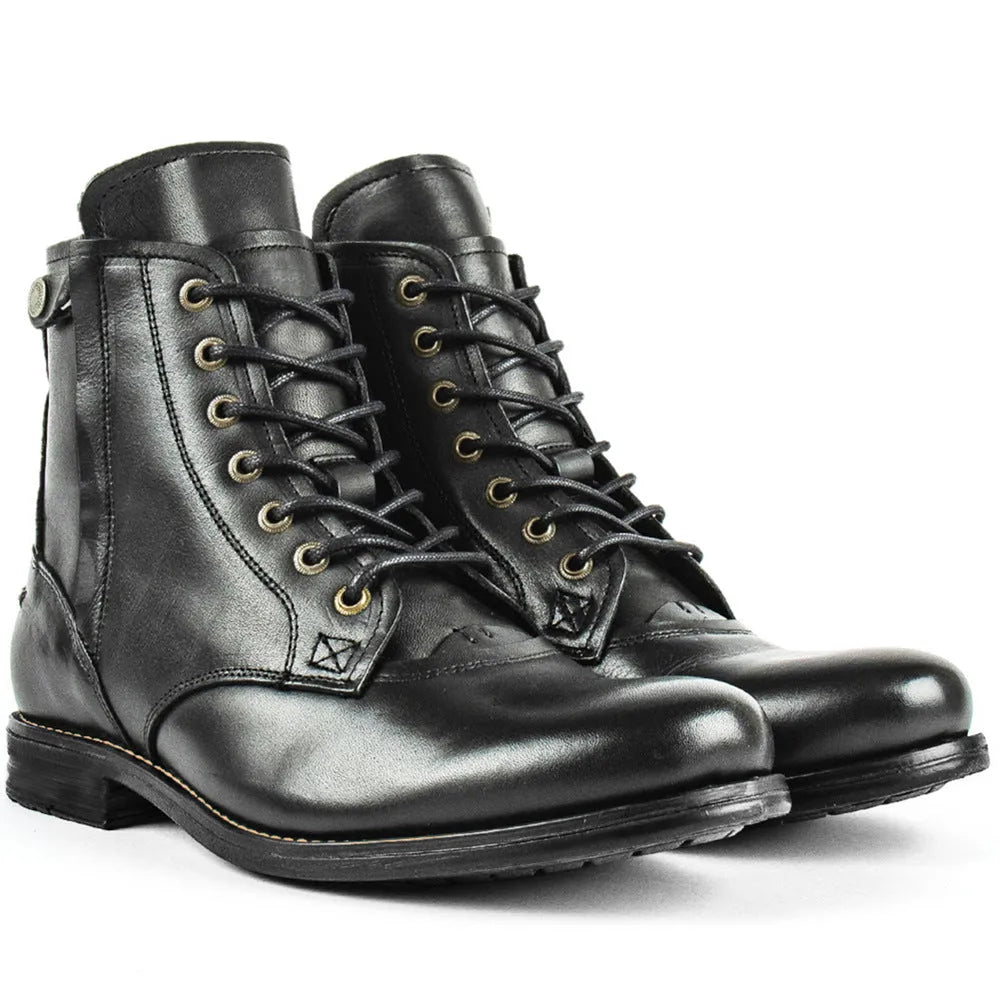 Black Knight Series leather boot with side zip and low heel on a grey background.