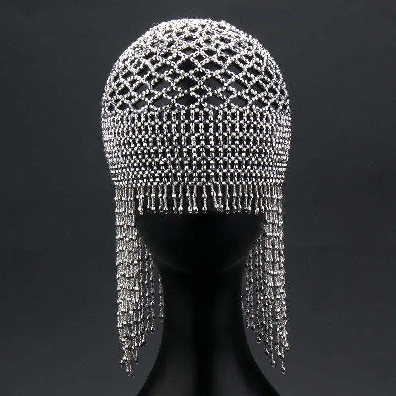 Alloy belly dance hat hair ornament with beaded tassels, 23cm wide decorative mesh