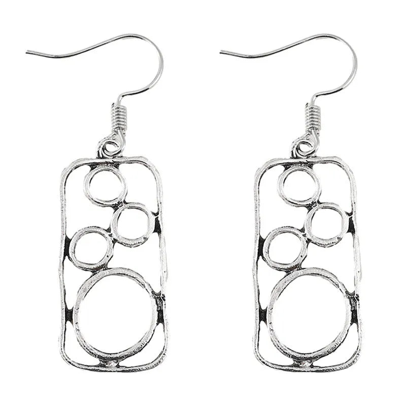 Geometric earrings with round ring and irregular square design in antique silver colour