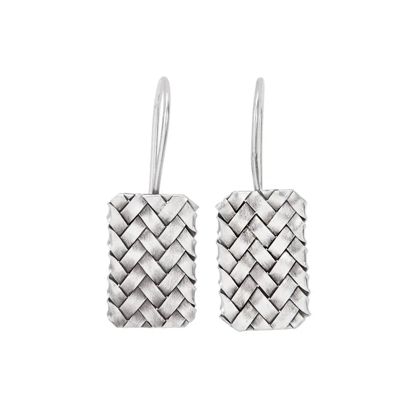 925 silver geometric earrings with woven diamond plaid pattern, 17.5mm drop.