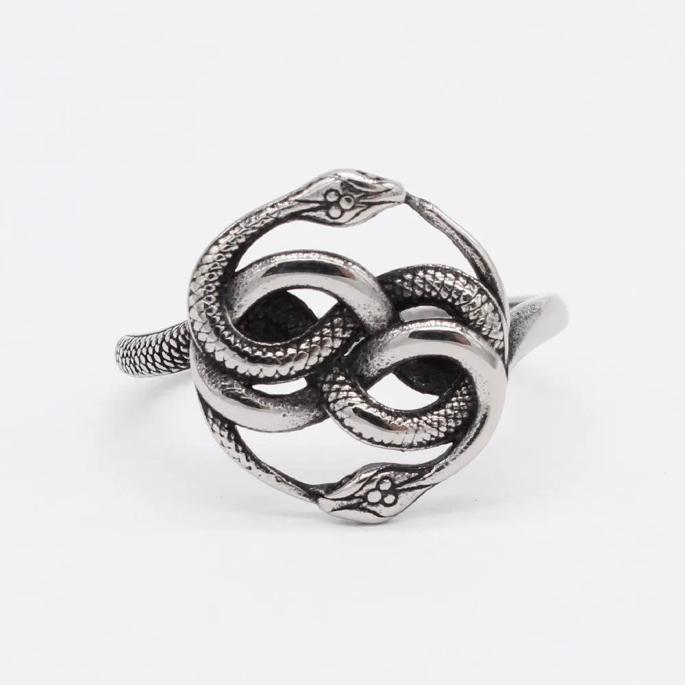 Steel-coloured titanium steel retro ring with a detailed double snake design on a finger.