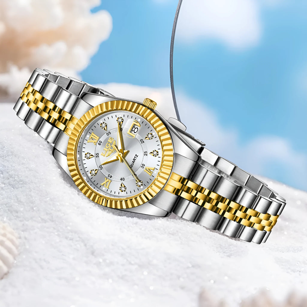 Women's waterproof quartz watch in a two-tone colour option showing 10mm thickness.