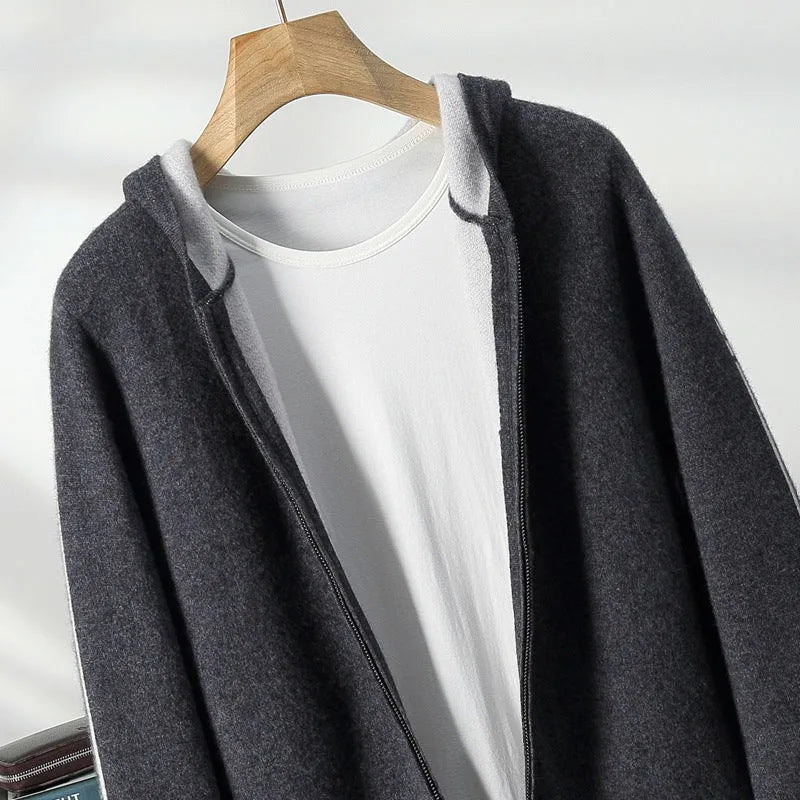 Men's dark blue cashmere zip-front cardigan sweater with half-high collar