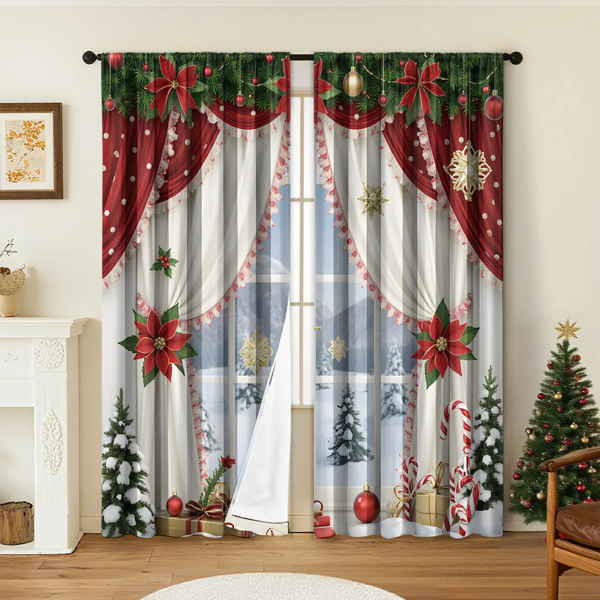 Set of two 3D digitally printed Christmas curtains with festive patterns