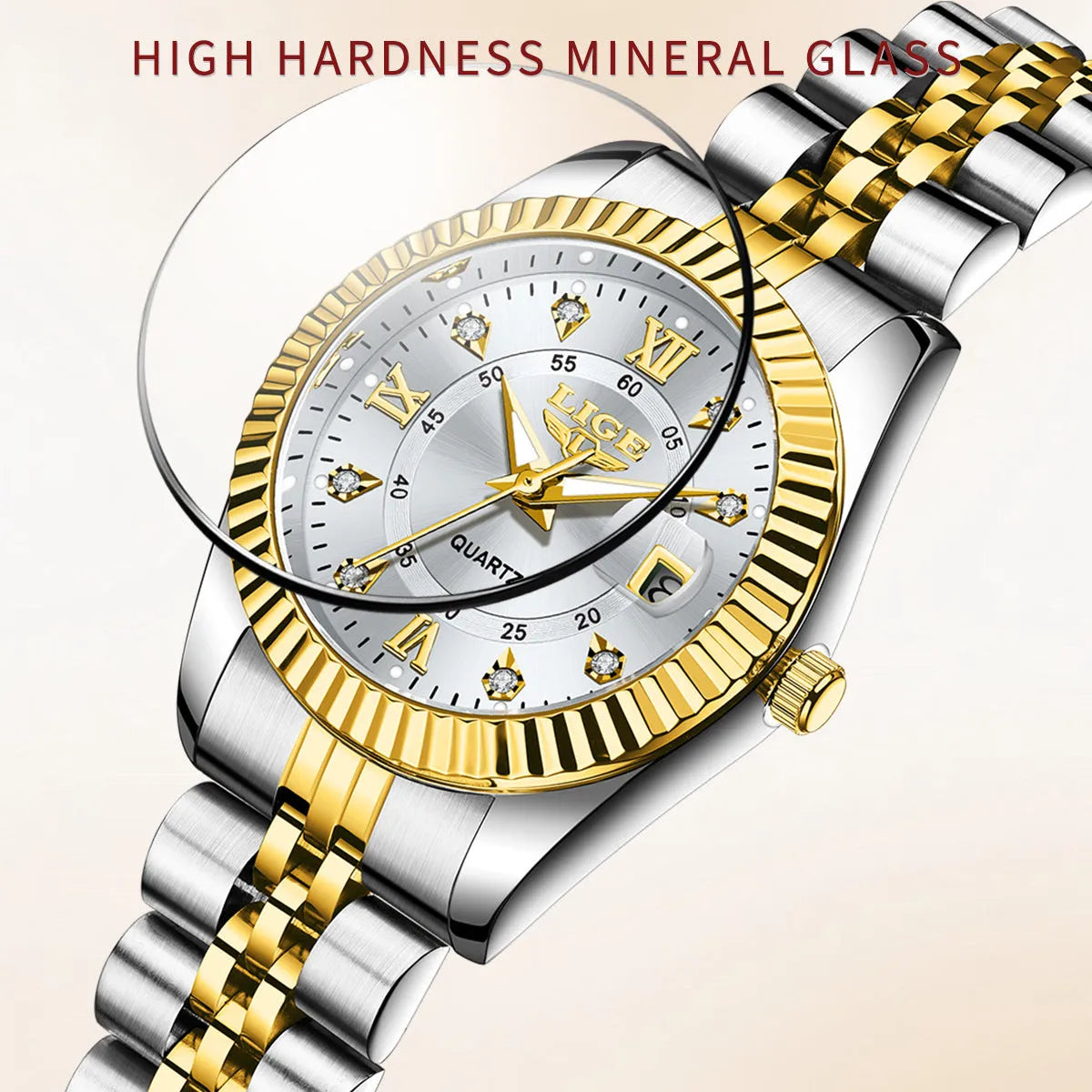 Women's waterproof quartz watch in a two-tone colour option showing 10mm thickness.