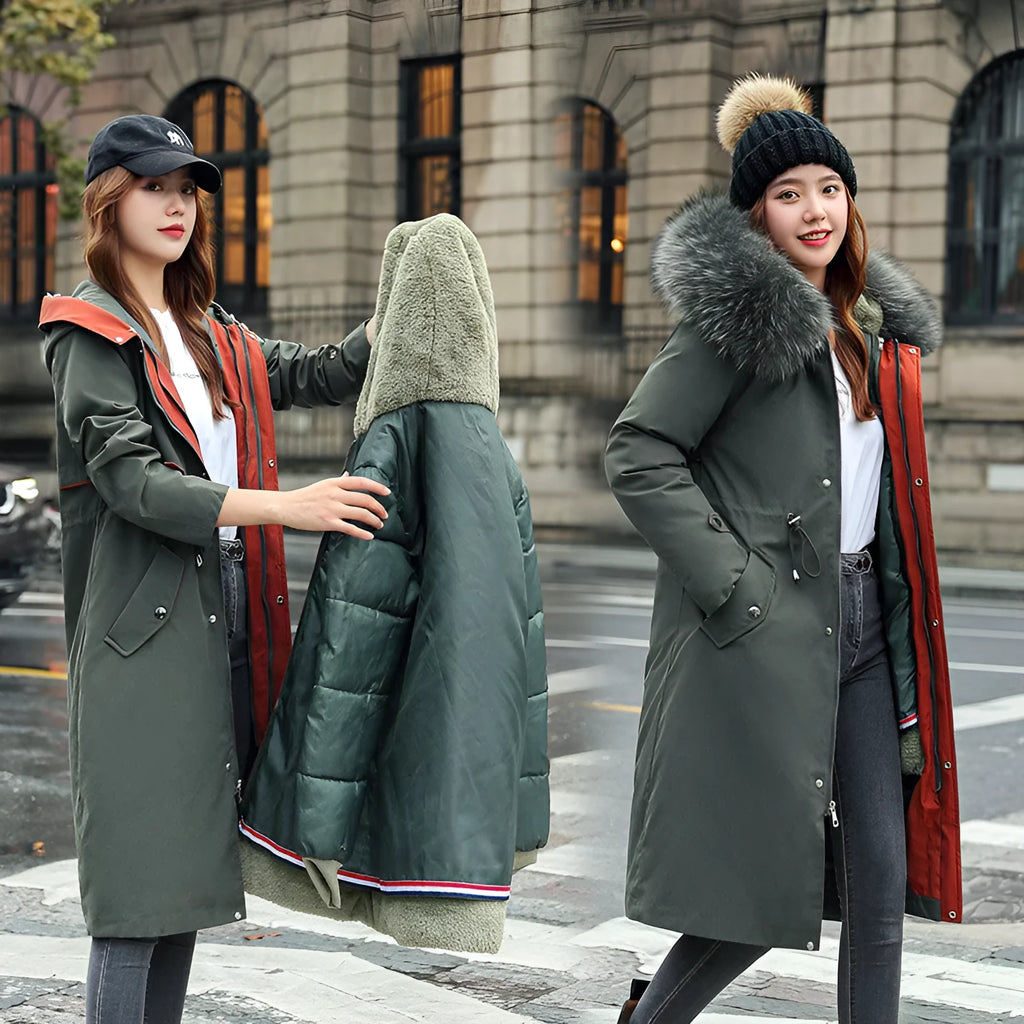 Women's long white trench coat with fleece detailing and a 100cm lengthened fit.