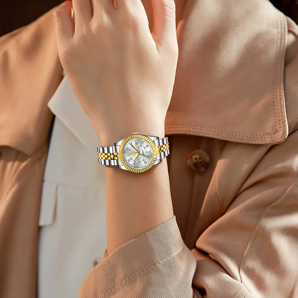 Women's waterproof quartz watch in a two-tone colour option showing 10mm thickness.