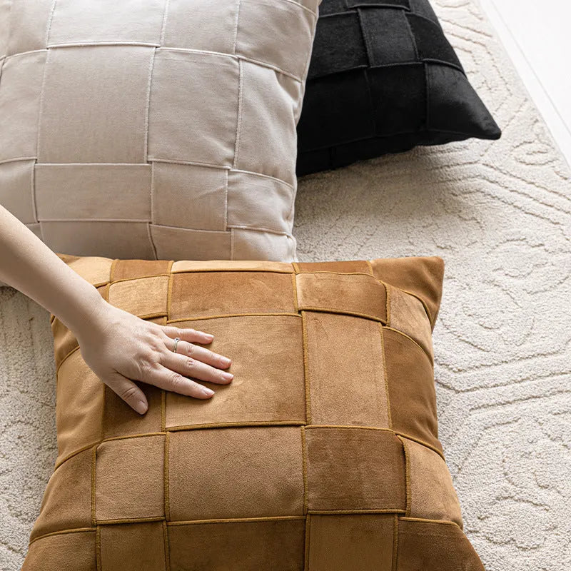 Square 50x50cm chenille woven cushion in a choice of colours like retro green or beige, shown on a sofa.