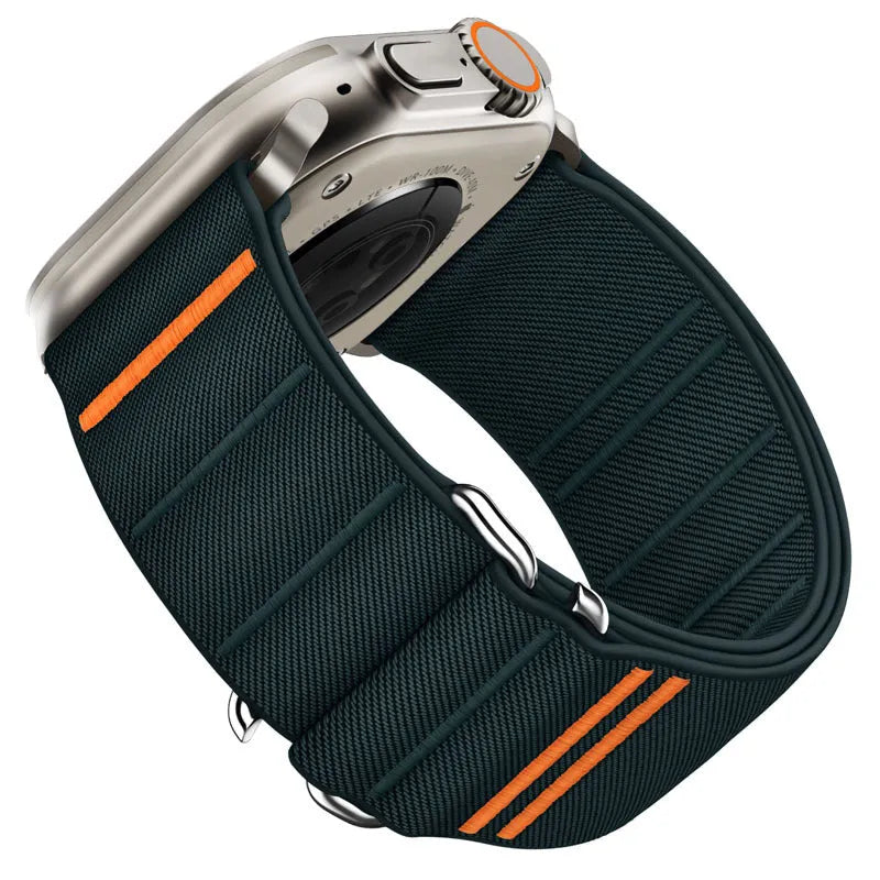 Elastic nylon Apple Watch band with stainless steel buckle in multiple colour options.