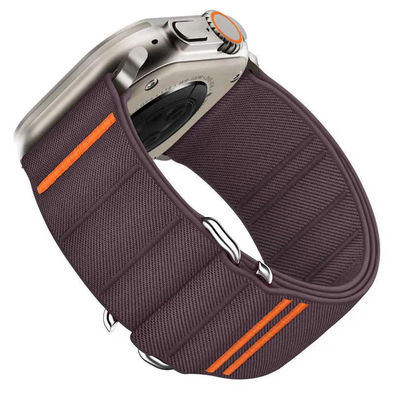 Elastic nylon Apple Watch band with stainless steel buckle in multiple colour options.