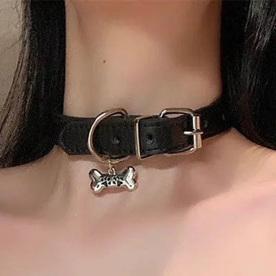 Black adjustable LD leather dog collar with a choice of cute bone or cat's paw charm.