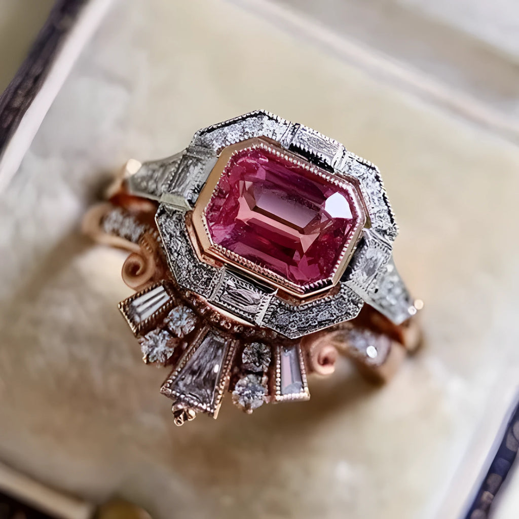 Women's geometric ring with rose gold finish and ruby accents, retro European and American style
