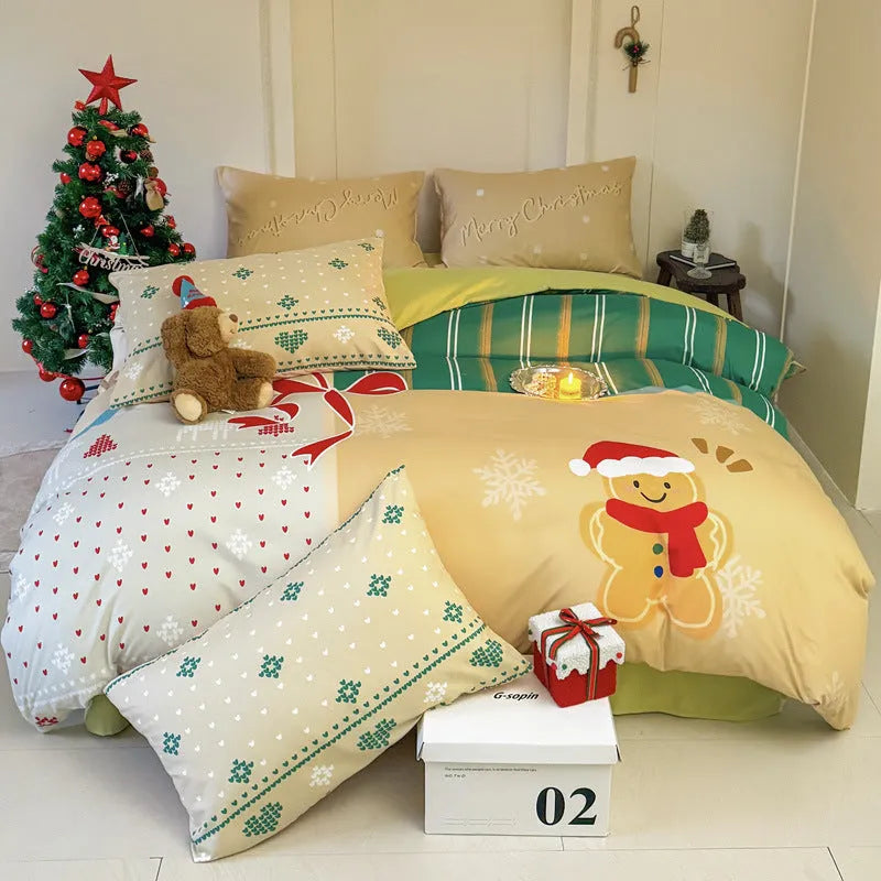 Christmas style super soft washed cotton printed four-piece bedding set with cartoon digital print patterns