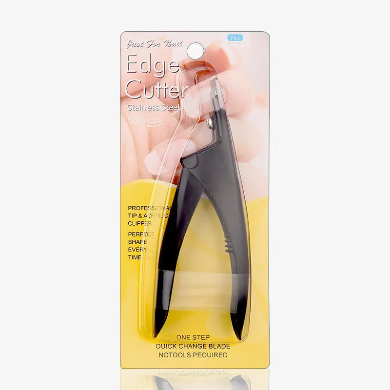 Stainless steel U-shaped nail art scissors in electrophoresis black and titanium finishes for French manicure tips.